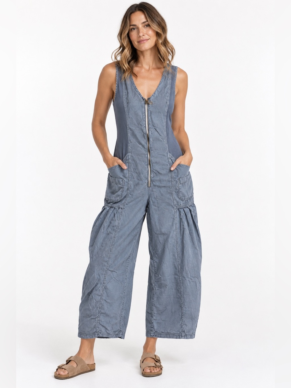 XCVI Wearables Cotton Linen Macgowan Wide Leg Cargo Jumpsuit Size S Utility Boho